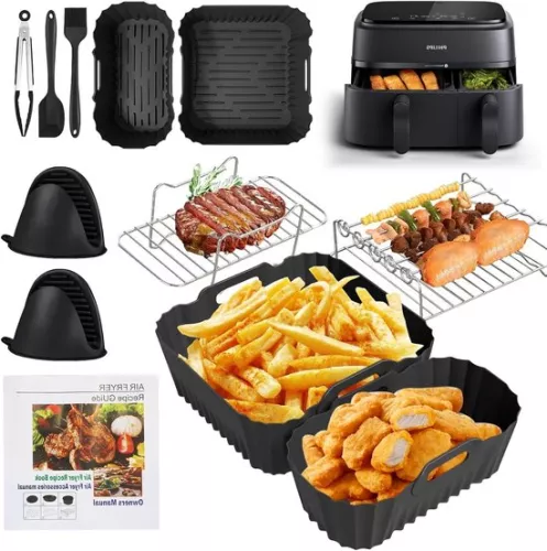 Accessories for hot air fryer - Philips Airfryer 3000/5000 series double basket 6 l/3 l silicone mold grill rack tongs insert