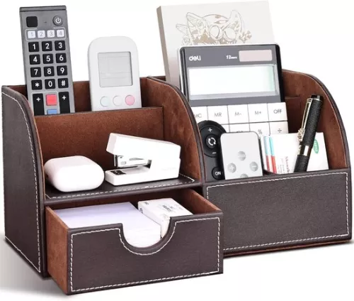PU Leather Desk Organizer - Pen Holders for a Tidy Desk - 1 Piece - L-Brown - Durable Material