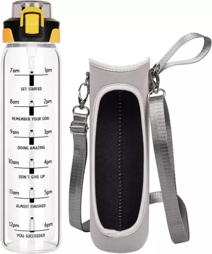 Leakproof Glass Water Bottle - With Straw and Time Markers - 1 Liter