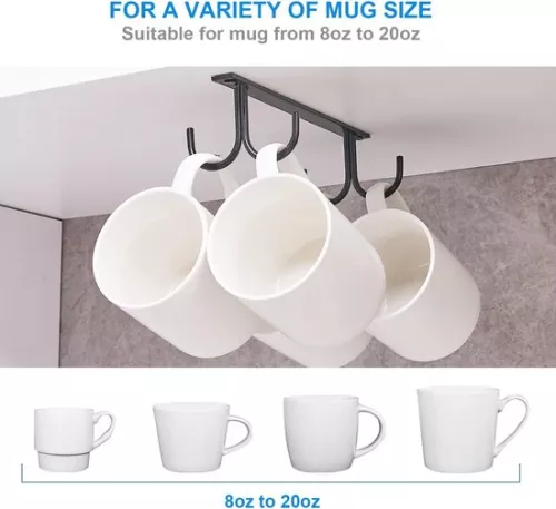 Cup holder under the cabinet, coffee cup holder with screws, 12 cup hooks under the rack, drying hooks for bar, for hanging cups, coffee cups, mugs, cups etc. black