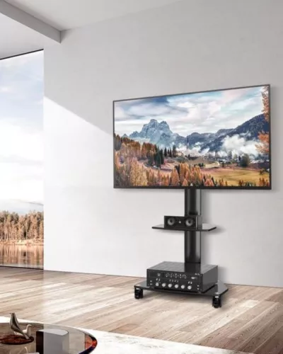 merkloos Mobile TV Stand on Wheels - For 27-65 Inch TVs - Height Adjustable - Black (6152529445405)