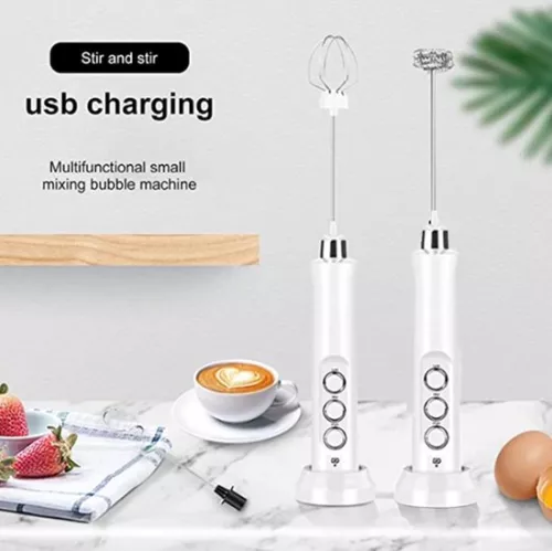 merkloos Milk frother wand - rechargeable, 3 whisks, charging station - for coffee (6152324811801)
