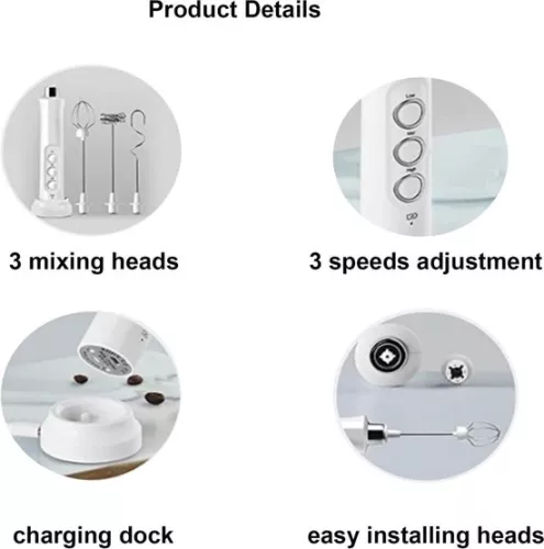 merkloos Milk frother wand - rechargeable, 3 whisks, charging station - for coffee (6152324811801)