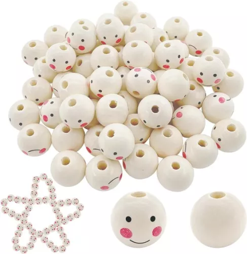 20mm Round Natural Wooden Beads Set with Face - 60 Pieces Wooden Beads with Faces