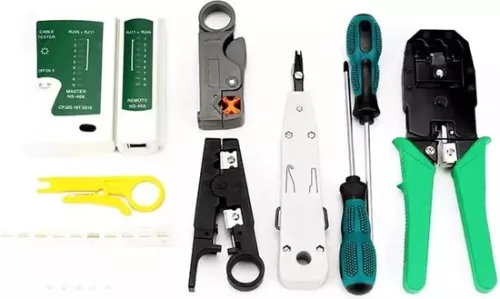 merkloos PREMIUM LAN Network Tester Set - Including Case - RJ45 / RJ12 / RJ11 / CAT5 / CAT5e / Cat6 / UTP / LAN - Cable Tester with Crimping Pliers & LSA Pliers (8720514720066)