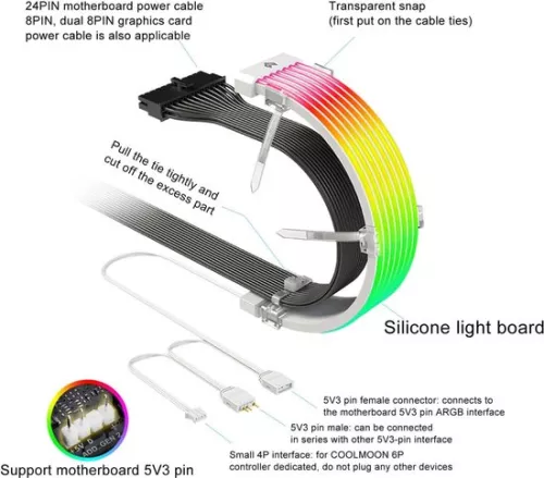 merkloos RGB power extension cable set - 24-pin ATX cable - Synchronized PSU cable with LED - Soft silicone tube (8785306193008)