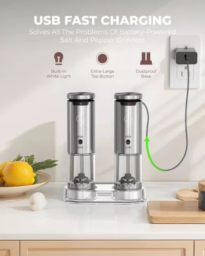 unbranded Sangcon Electric Salt and Pepper Mill Set - USB Rechargeable - Stainless Steel - Set of 2 (6152404041005)