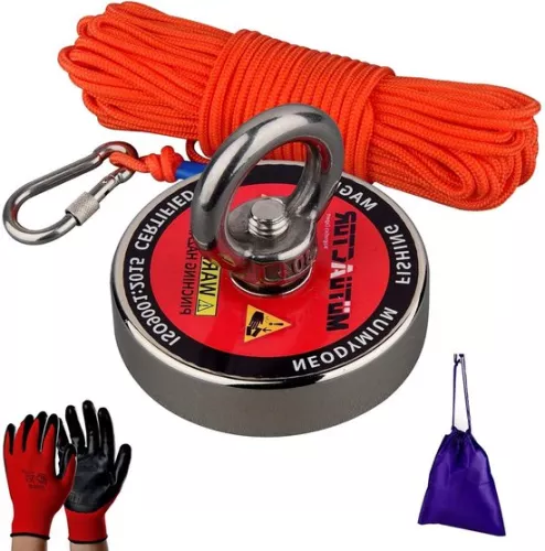 Neodymium Fishing Magnet 180KG Pulling Force Rare Earth Magnet with Rope-Glove-Bag Kit for Beginners Magnet Fishing in River