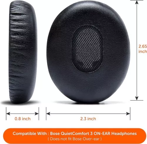 merkloos Replacement Ear Cushions for Bose QuietComfort 3 - Durable Leather - Softer Memory Foam - Extra Thick - Compatible with Bose QC3 On-Ear Headphones - Black (8785304875401)