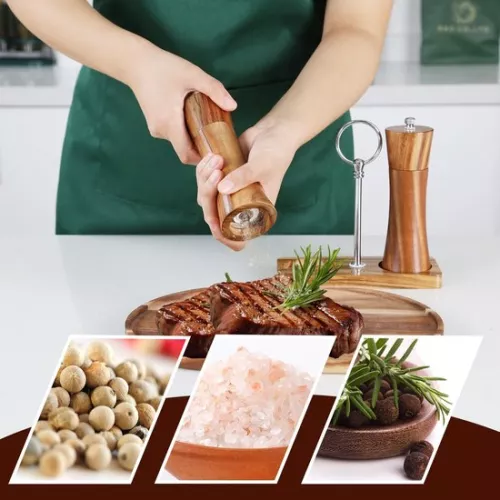 unbranded KKC Salt and Pepper Mill, Manual Wood Adjustable Ceramic Grinder Spice Mill for Coarse Salt, Acacia Wood Salt Mill Pepper Mills, Kitchen Pepper Chilli Mills, Mill Set with Tray 15 cm (4800437605726)