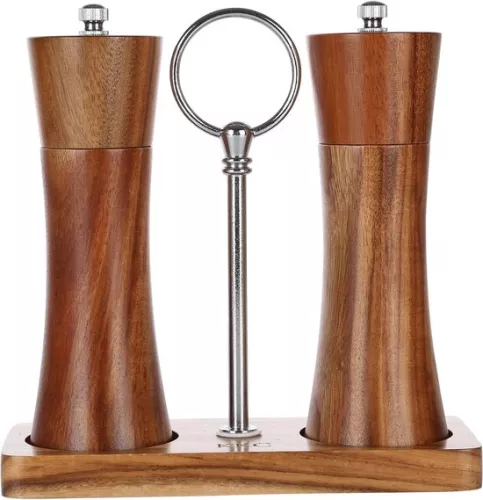 KKC Salt and Pepper Mill, Manual Wood Adjustable Ceramic Grinder Spice Mill for Coarse Salt, Acacia Wood Salt Mill Pepper Mills, Kitchen Pepper Chilli Mills, Mill Set with Tray 15 cm