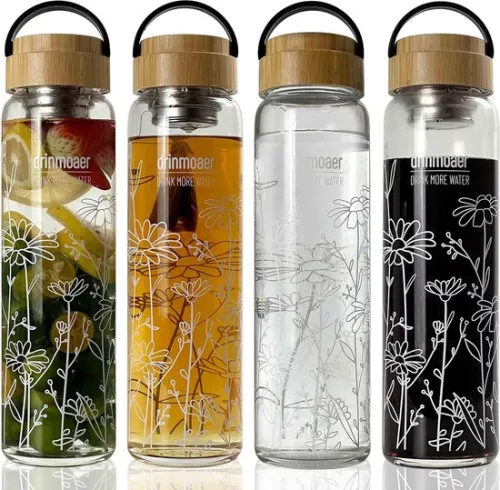 Drinmoaer 1 liter glass drinking bottle with bamboo lid and sleeve for loose tea, tea bottle with strainer to go, glass water bottle 1 l (flower) (8998339533110)