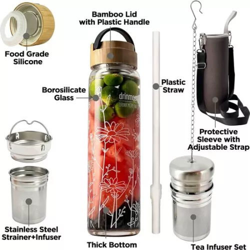 Drinmoaer 1 liter glass drinking bottle with bamboo lid and sleeve for loose tea, tea bottle with strainer to go, glass water bottle 1 l (flower) (8998339533110)