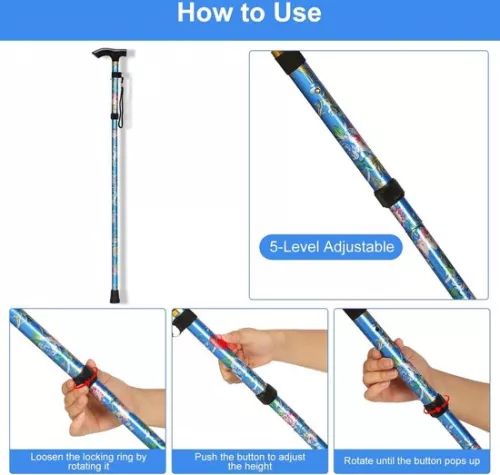 merkloos Folding Walking Stick - 5 Level Adjustable - Lightweight & Portable - Wristband & T-Handle - Elderly & Disabled - Blue Floral (6152926816877)