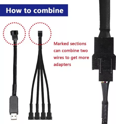 merkloos Connection cable fan PC 12 V step-up USB plug to 4-pin male with 3 x 3-pin connection and power supply 12 inch (55 cm) (9501155992192)