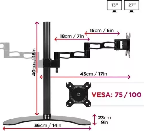 merkloos Dual Freestanding PC Monitor Mount - Adjustable Height - Arm for 2 13”-27” LED LCD Screens - Freestanding Computer Display Stand (8721085200674)