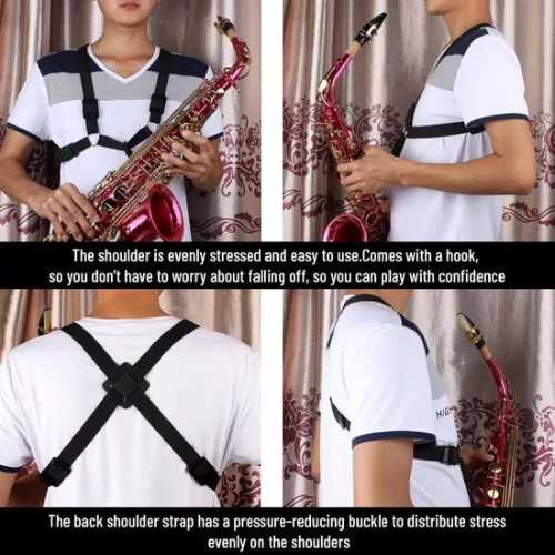 merkloos Adjustable Nylon Saxophone Chest Shoulder Strap Harness - Black, Replacement Saxophone Accessory (9507788762836)
