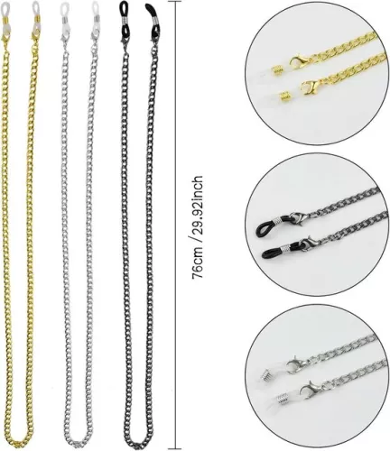 merkloos 3-Piece Glasses Chain - Sunglasses Chain Spectacle Chain Non-Slip Metal Reading Glasses Chain Glasses Strap for Men and Women Sports (Silver Gold Black 29.92 Inches Long) (8785322872574)