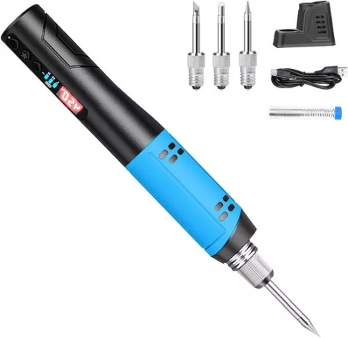 Cordless Soldering Iron with 1500mAh Battery and Temperature Display Max. 450°C - 8W Fast Heat-Up - Portable Cordless Set for Beginners and Professionals (3 Soldering Tips Blue)