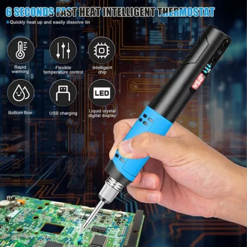 merkloos Cordless Soldering Iron with 1500mAh Battery and Temperature Display Max. 450°C - 8W Fast Heat-Up - Portable Cordless Set for Beginners and Professionals (3 Soldering Tips Blue) (9501962697150)