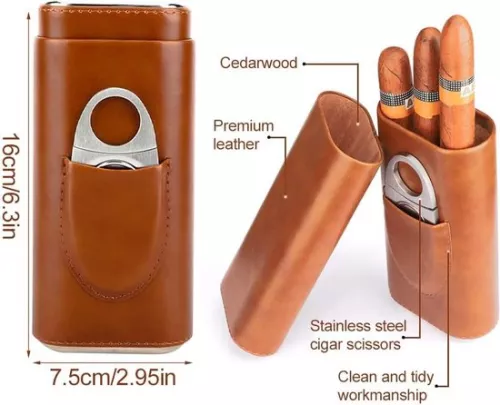 merkloos Cigar case for 3 cigars - leather cigar cases with cigar cutter - stainless steel - tube humidore - portable humidor for travel - brown . (6152351040045)