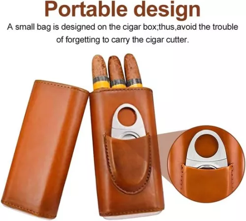 merkloos Cigar case for 3 cigars - leather cigar cases with cigar cutter - stainless steel - tube humidore - portable humidor for travel - brown . (6152351040045)