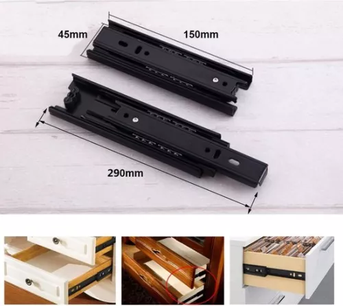 unbranded Drawer runner, full extension, 150 mm drawer rails, ball bearings, 150 mm, 3 folds, fully extendable, side mounting, 45 kg load capacity, drawer runner, black, 1 pair (2 pieces). (0749652536245)