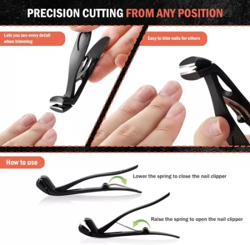 Ergonomic toenail clippers with slanted head for seniors and thick nails - premium steel nail clippers with catcher for men and women - black