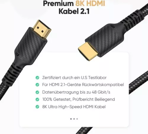 10K 8K HDMI 2.1 cable - 3M length - 48Gbps - Ultra High Speed - Officially certified - 8K @60Hz - 4K @120Hz - 144Hz - HDCP 2.2 & 2.3 - 4:4 - eARC - HDR10 - HDMI cable - nylon braided - with test report.