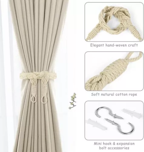 2-pack curtain ties - 60cm curtain cord buckle - hand-woven curtain ties - twisted curtain ties - with hooks - suitable for home, office, living room, bedroom
