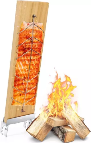 Flamed salmon plank, salmon planks with stainless steel holder, cedar plank, portable smoking plank, barbecue accessories for fire bowls and kettle grill, usable on both sides, reusable