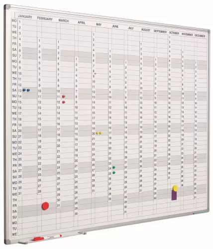 Whiteboard PRO Oconnell - Enamel steel - Weekly planner - Monthly planner - Yearly planner - Magnetic - White - Incl. month/day/number strips - English - 90x120cm